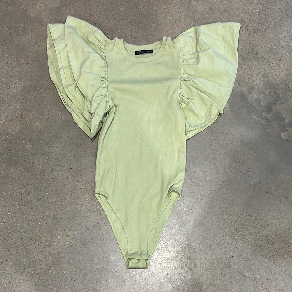 Zara Green Ruffled Sleeve Bodysuit Top